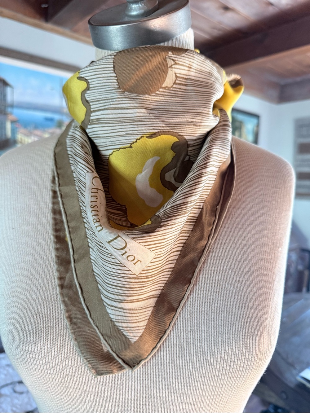 Vintage Christian Dior Yellow & Taupe Silk Scarf